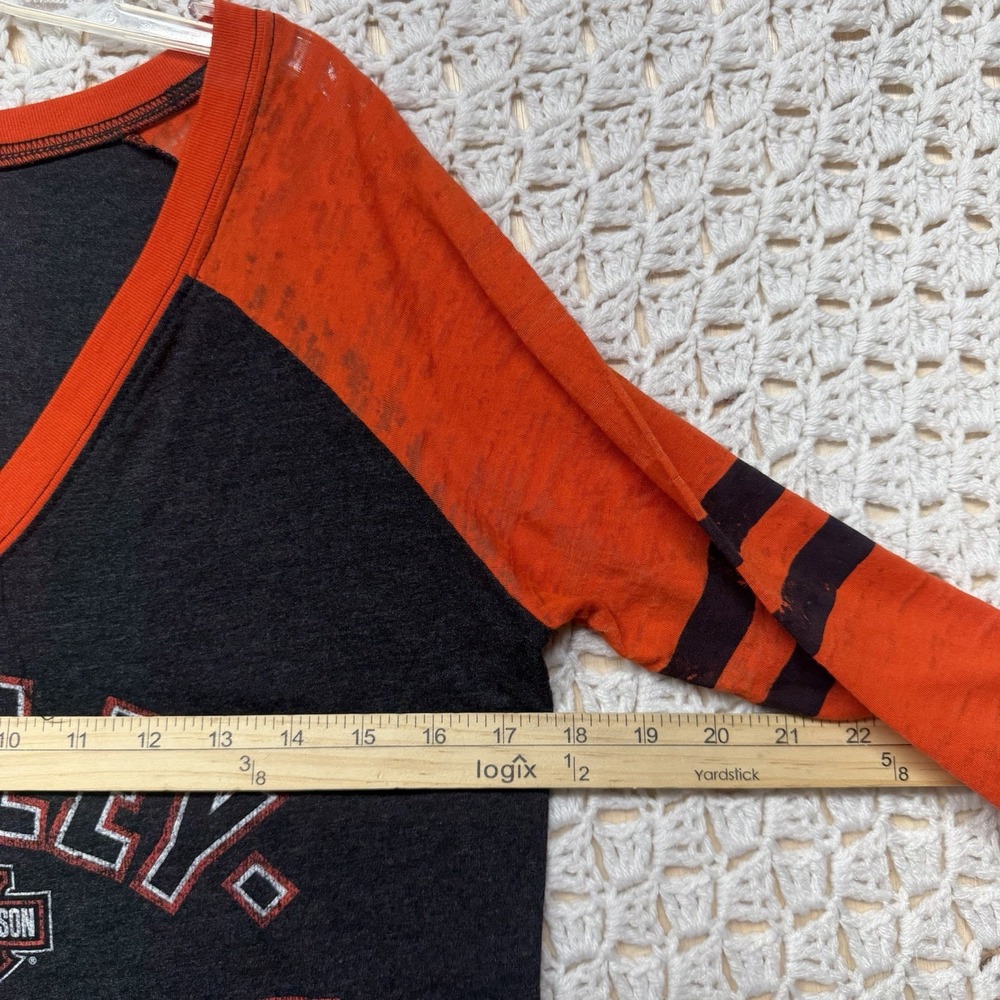 Harley Davidson Top Shirt Women Size L Black orange Motorcycle 3/4 Sleeve V Neck - Picture 5 of 10